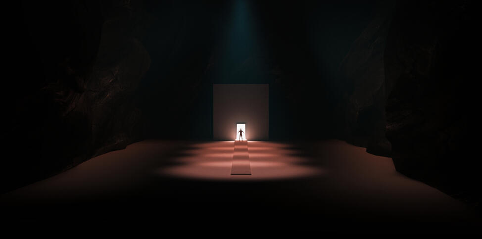 A figure silhouetted in a bright doorway inside a dark virtual space