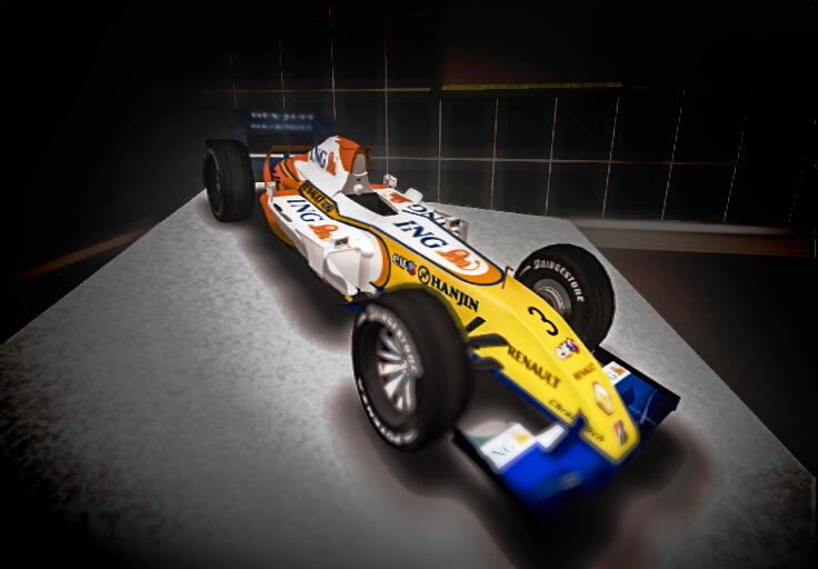A Renault Formula One car displayed in a dark virtual gallery