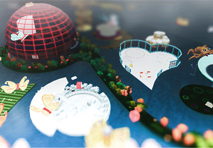 An overhead view of a colourful social virtual world